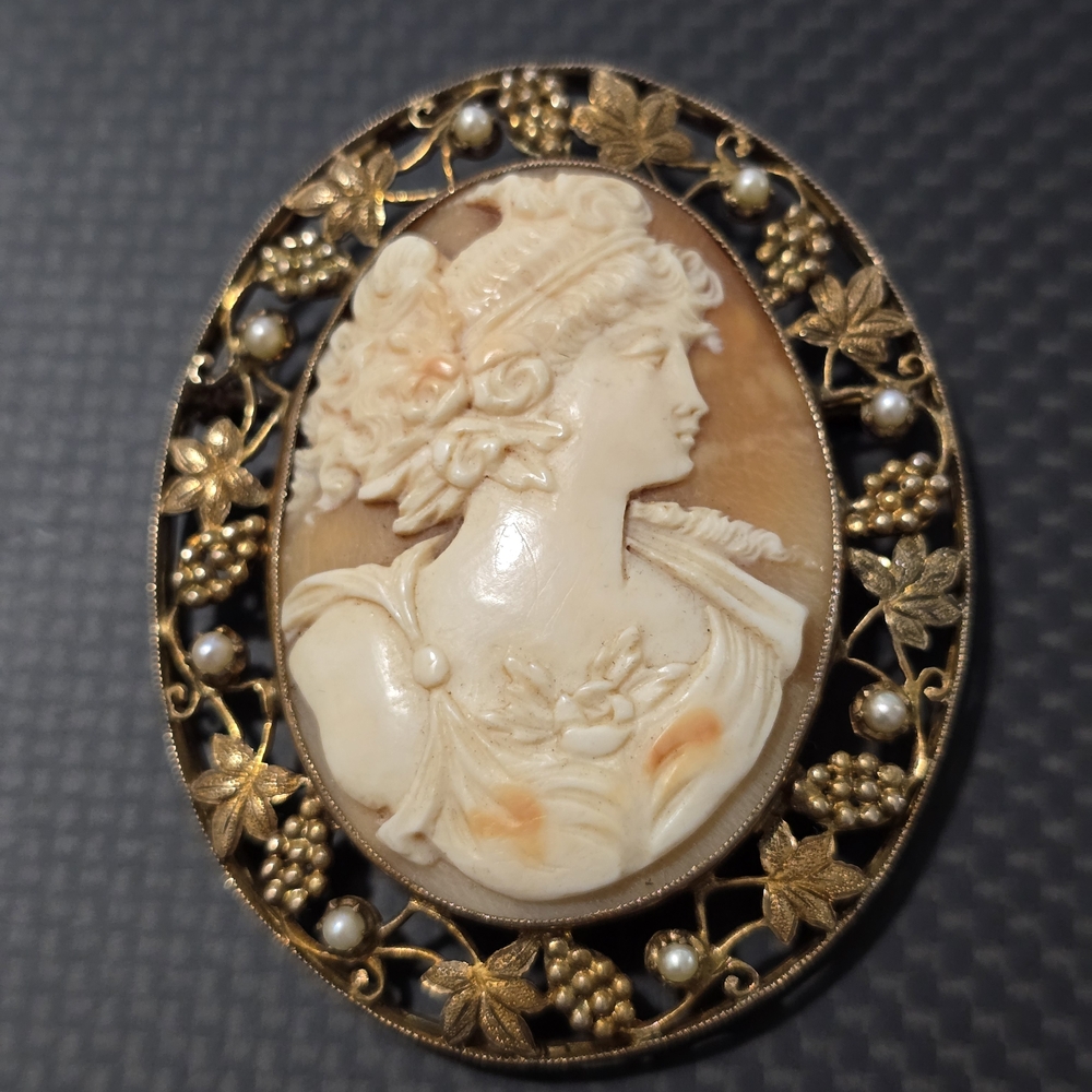 Vintage Cameo Brooch with Gold and Cream Accents